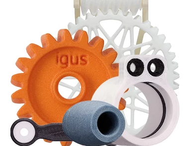 Teaser image for the 3D printing service with different 3D printed parts from different iglidur materials, used on Shop pages
