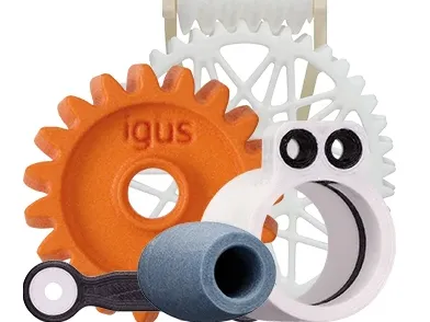 Teaser image for the 3D printing service with different 3D printed parts from different iglidur materials, used on Shop pages