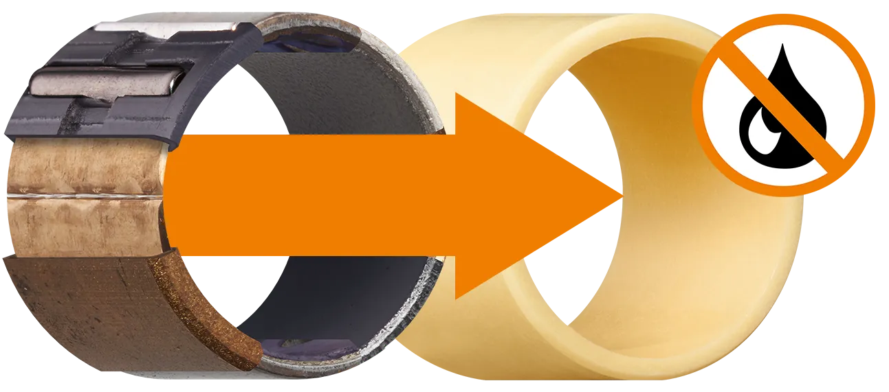 Collage of metal bearings, arrow pointing to iglidur bearing with the lubricant-free icon