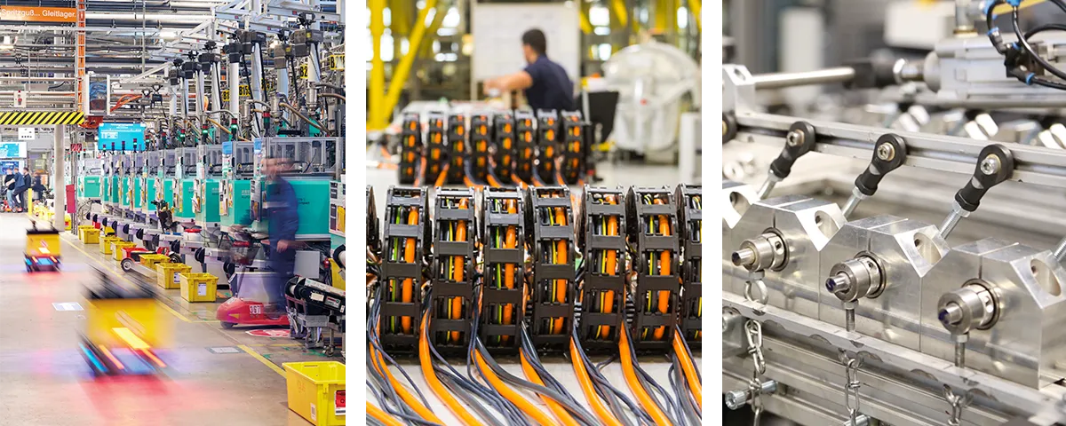 Three images: injection moulding machines with AGV, readychain assembly, testlab with igubal rod end bearings