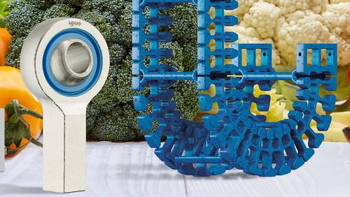 igus products TH3 e-chain, igubal, drylin R in front of a fruit and vegetable background ; collage ; hygienic design ; fda ; EU10/2011